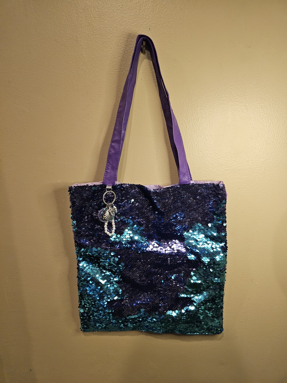 Spirit Halloween Square Tote Bag Shimmering Mermaid Style Sequins Purple And Blu